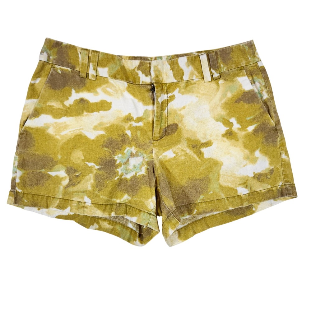 LOFT‎ Women Yellow Green Watercolor Floral Linen Cotton Blend Shorts Size 6